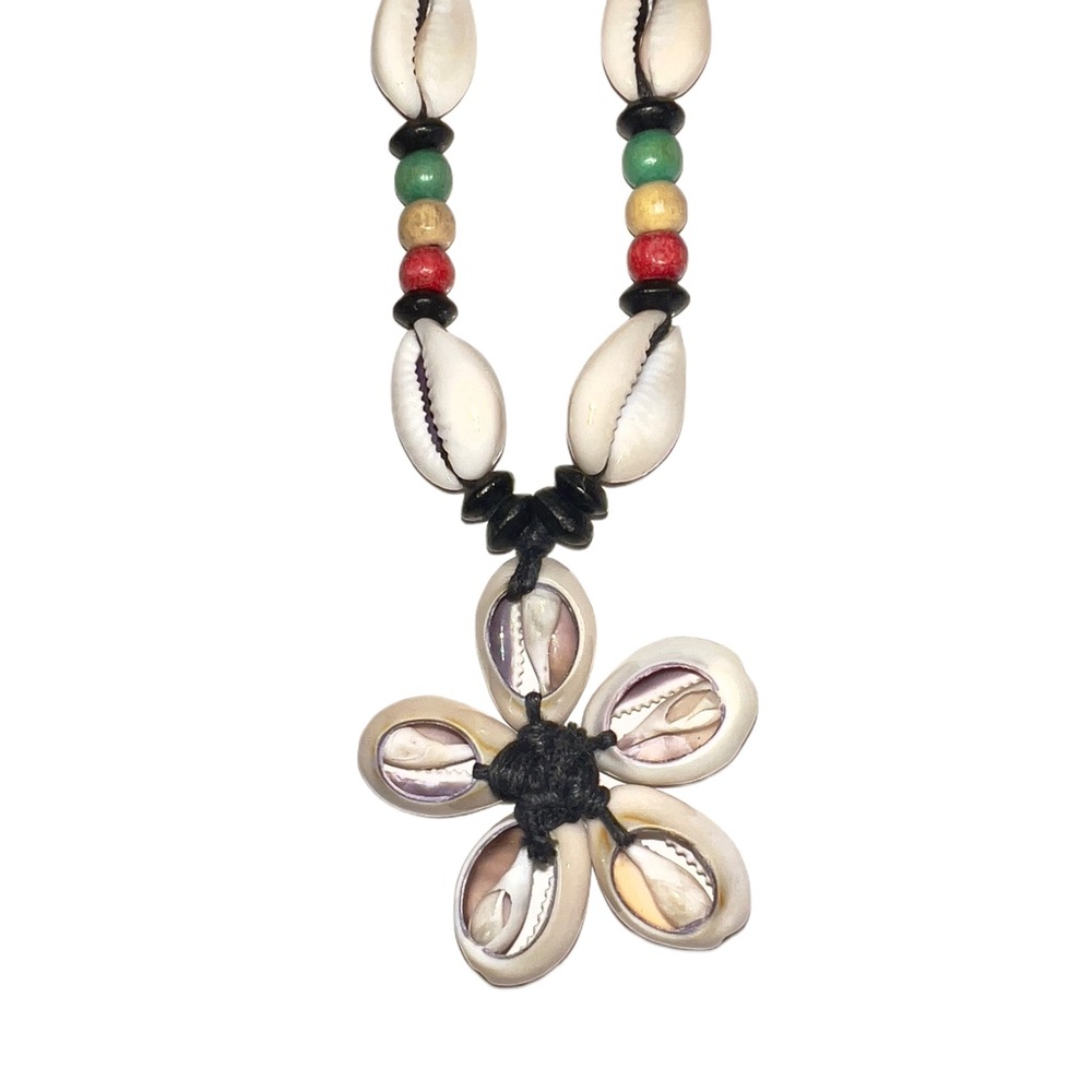 Rasta beaded Real Puka Shell Necklace with Puka Flower pendant
